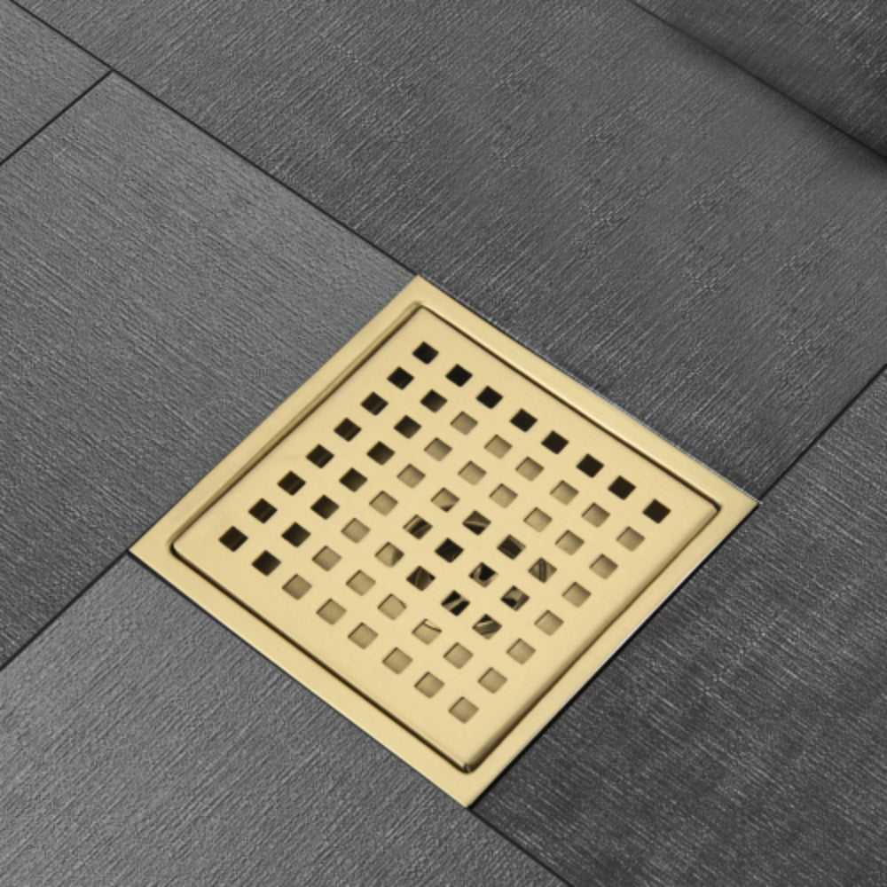 Modern 6-Inch Square Shower Floor Drain - Gold