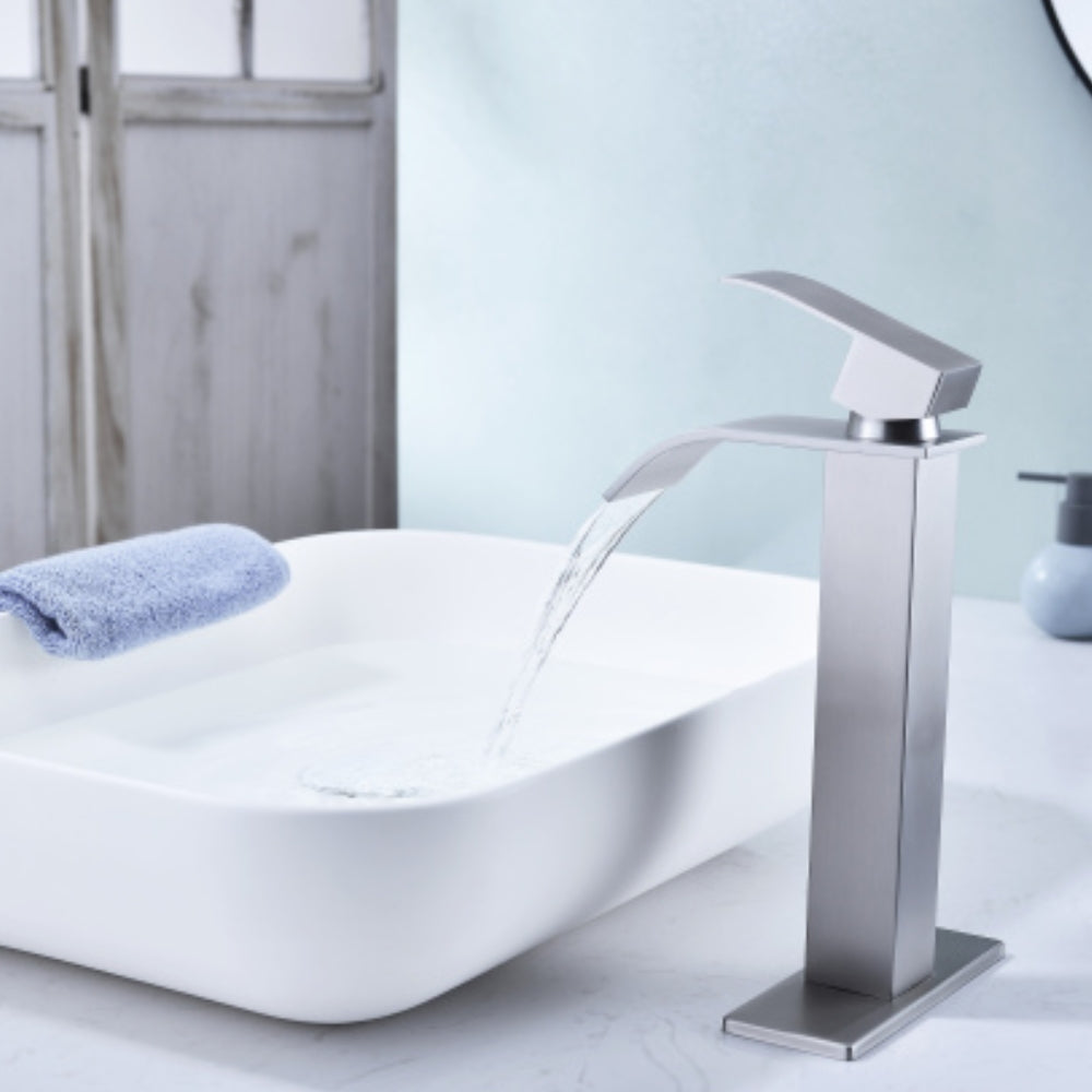 Waterfall Spout Bathroom Faucet Single Handle Bathroom Vanity Sink Faucet - Silver