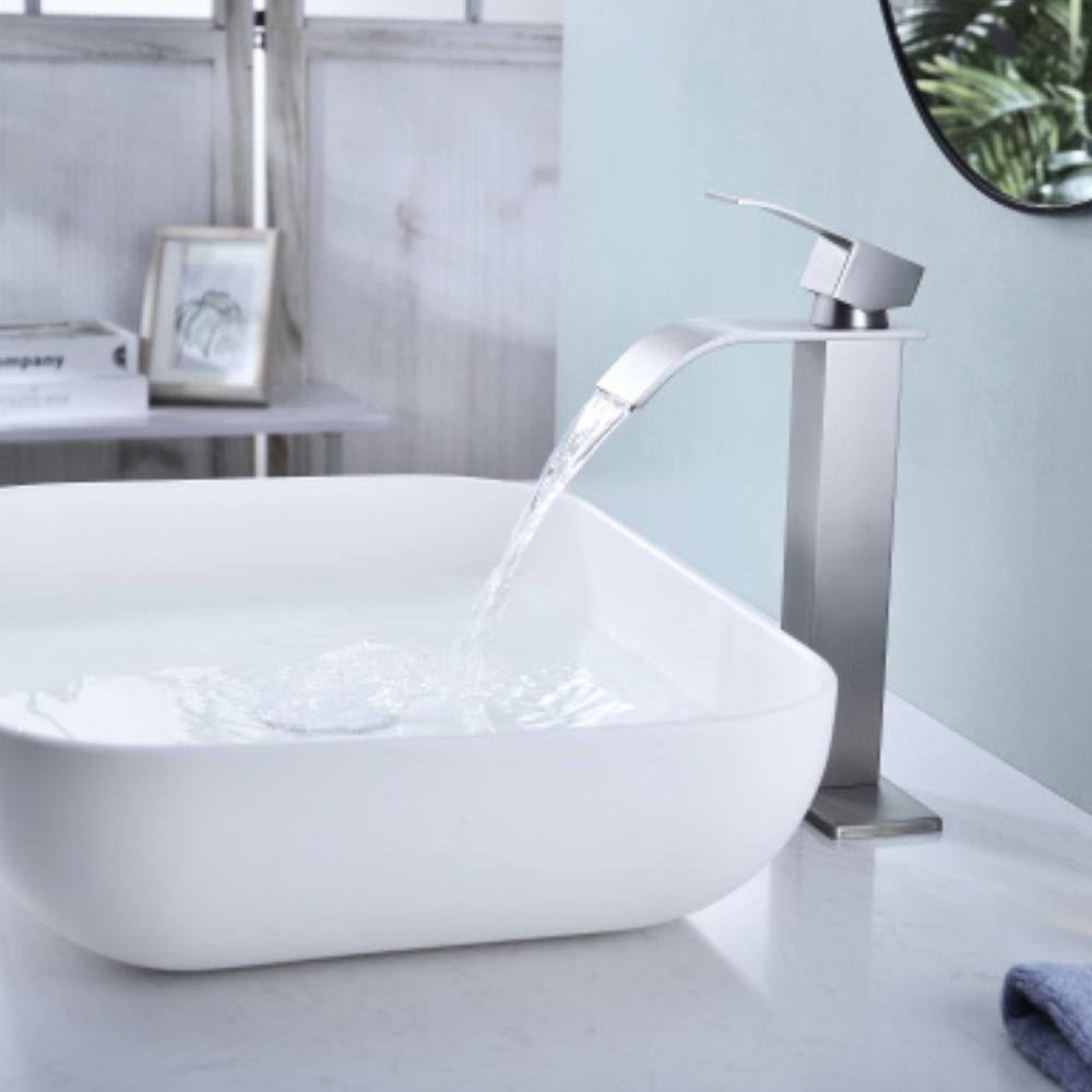 Waterfall Spout Bathroom Faucet Single Handle Bathroom Vanity Sink Faucet - Silver