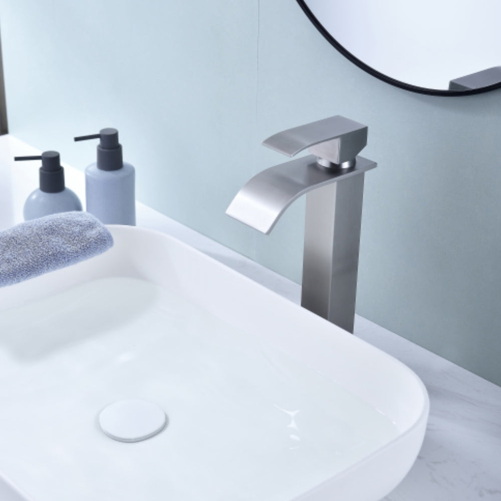 Waterfall Spout Bathroom Faucet Single Handle Bathroom Vanity Sink Faucet - Silver
