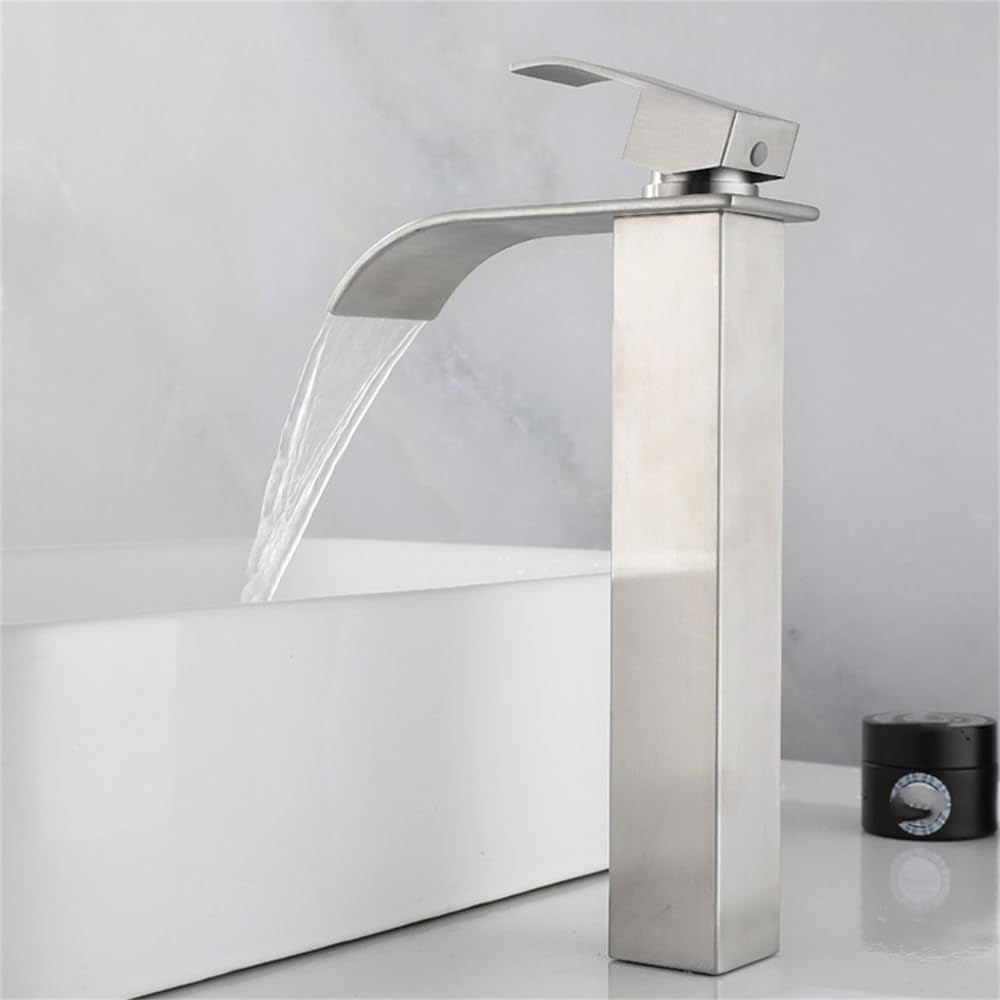 Waterfall Spout Bathroom Faucet Single Handle Bathroom Vanity Sink Faucet - Silver