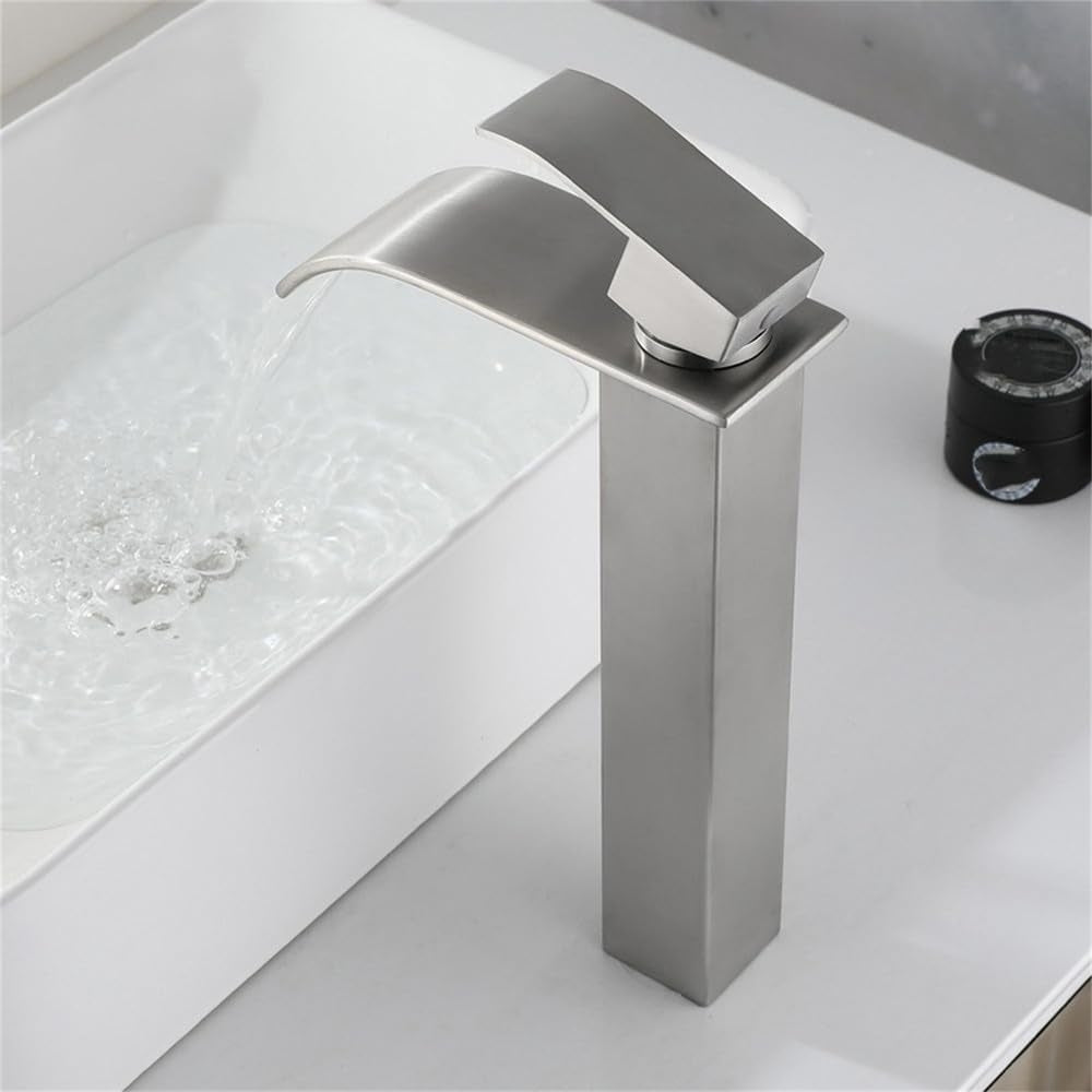 Waterfall Spout Bathroom Faucet Single Handle Bathroom Vanity Sink Faucet - Silver