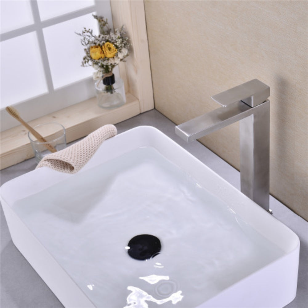 Sleek Brushed Nickel Single Handle Vanity Bathroom Faucet - Silver