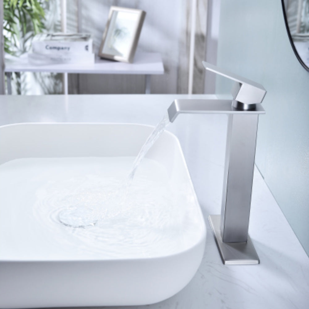 Brushed Nickel Handle Waterfall Spout Bathroom Faucet