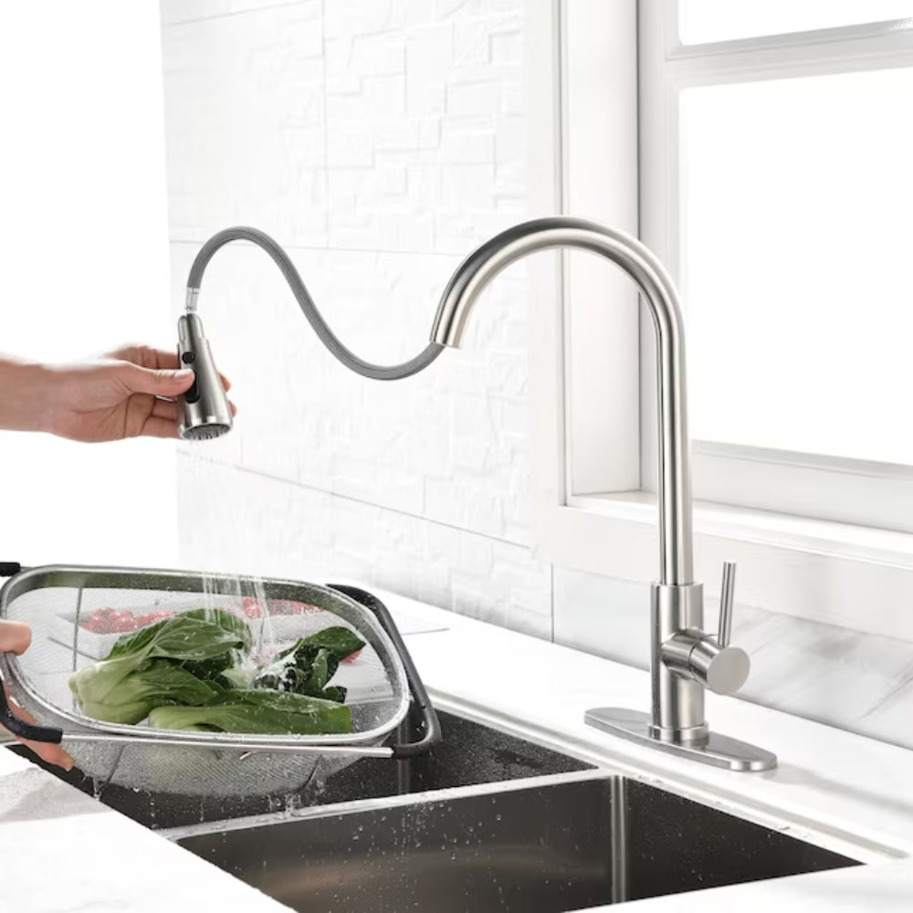 Single Handle High Arc Brushed Nickel Pull Out Kitchen Faucet