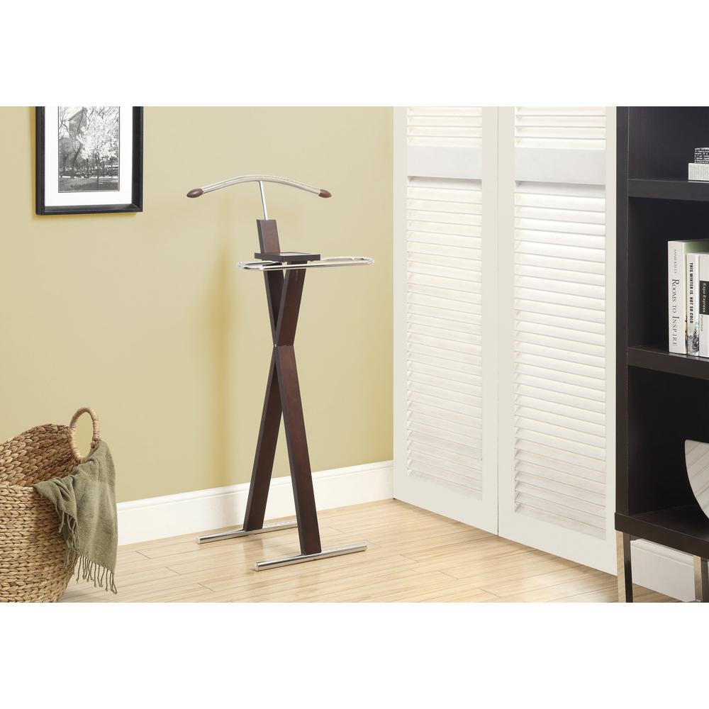 Valet Stand, Organizer, Suit Rack, Bedroom, Brown Wood, Chrome