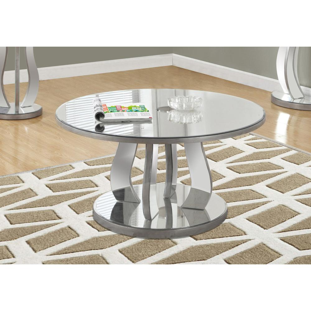Coffee Table, Accent, Cocktail, Round, Living Room, 36dia, Clear Mirror, Grey