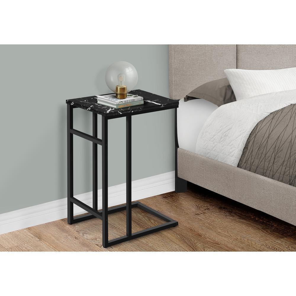 Accent Table, C-shaped, End, Side, Snack, Living Room, Bedroom, Black Marble
