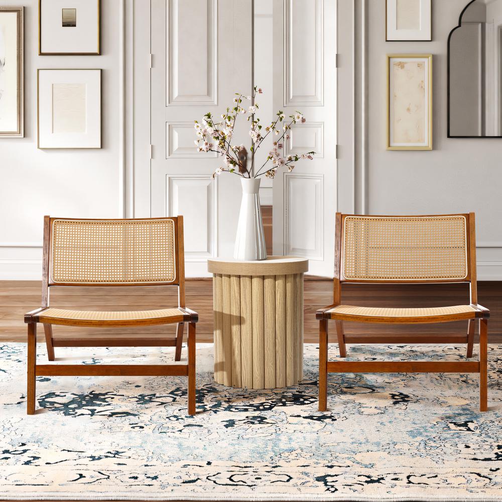 Brown Rubberwood with PE Rattan Low Profile Armless Accent Chair, Set of 2