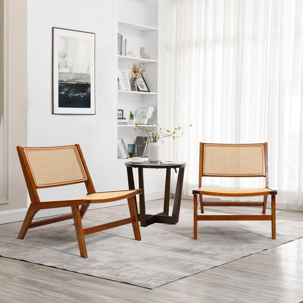Brown Rubberwood with PE Rattan Low Profile Armless Accent Chair, Set of 2