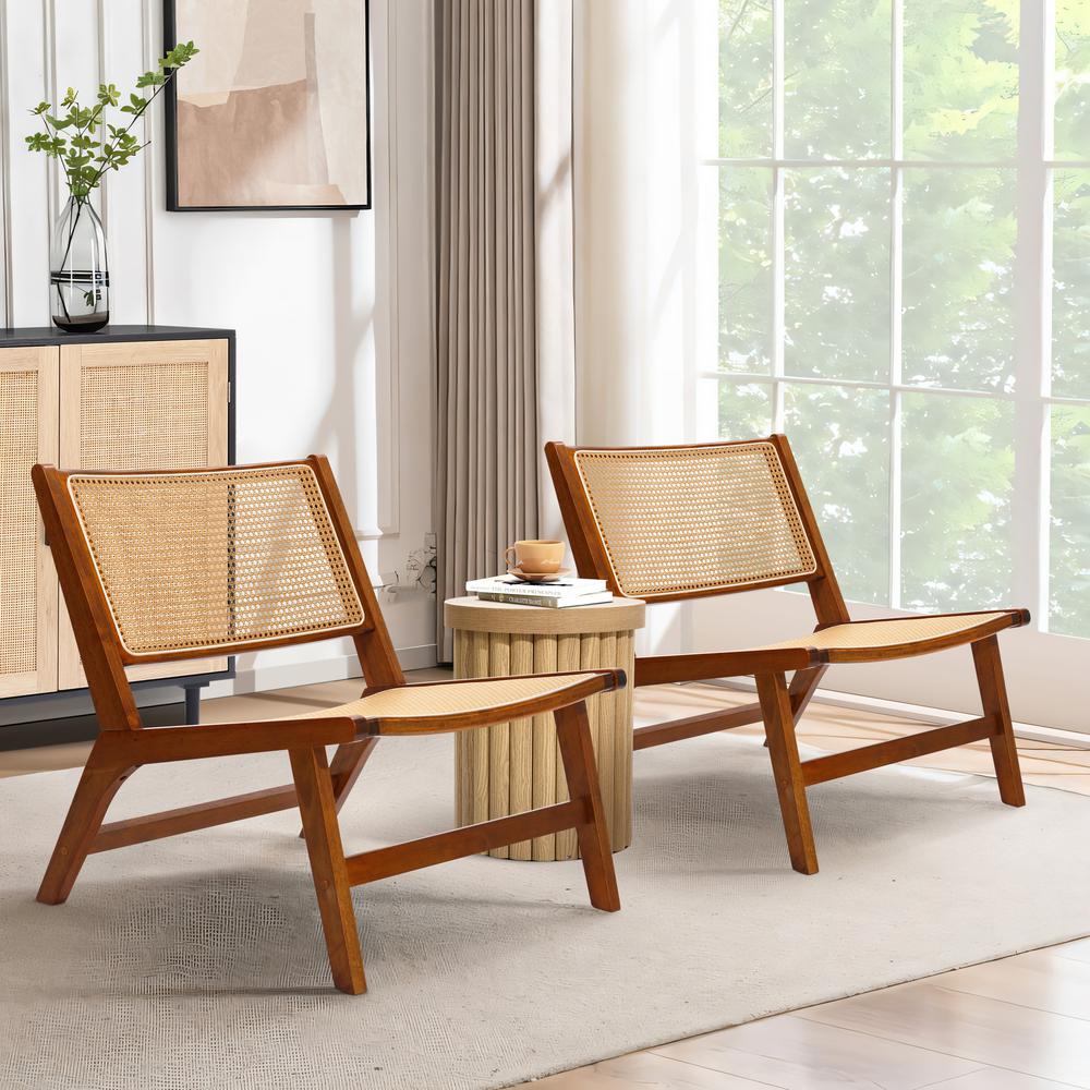 Brown Rubberwood with PE Rattan Low Profile Armless Accent Chair, Set of 2
