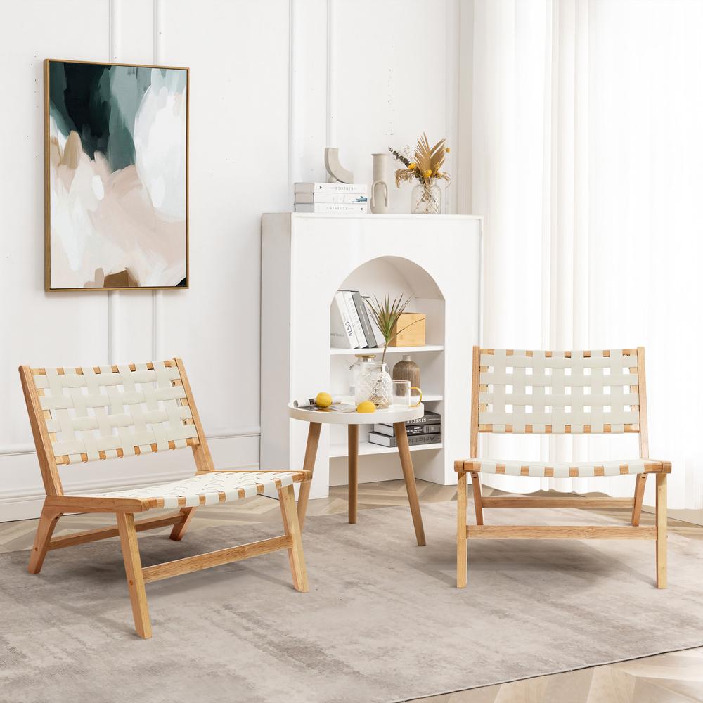 Natural Rubberwood with White Leather Low Profile Armless Accent Chair, Set of 2