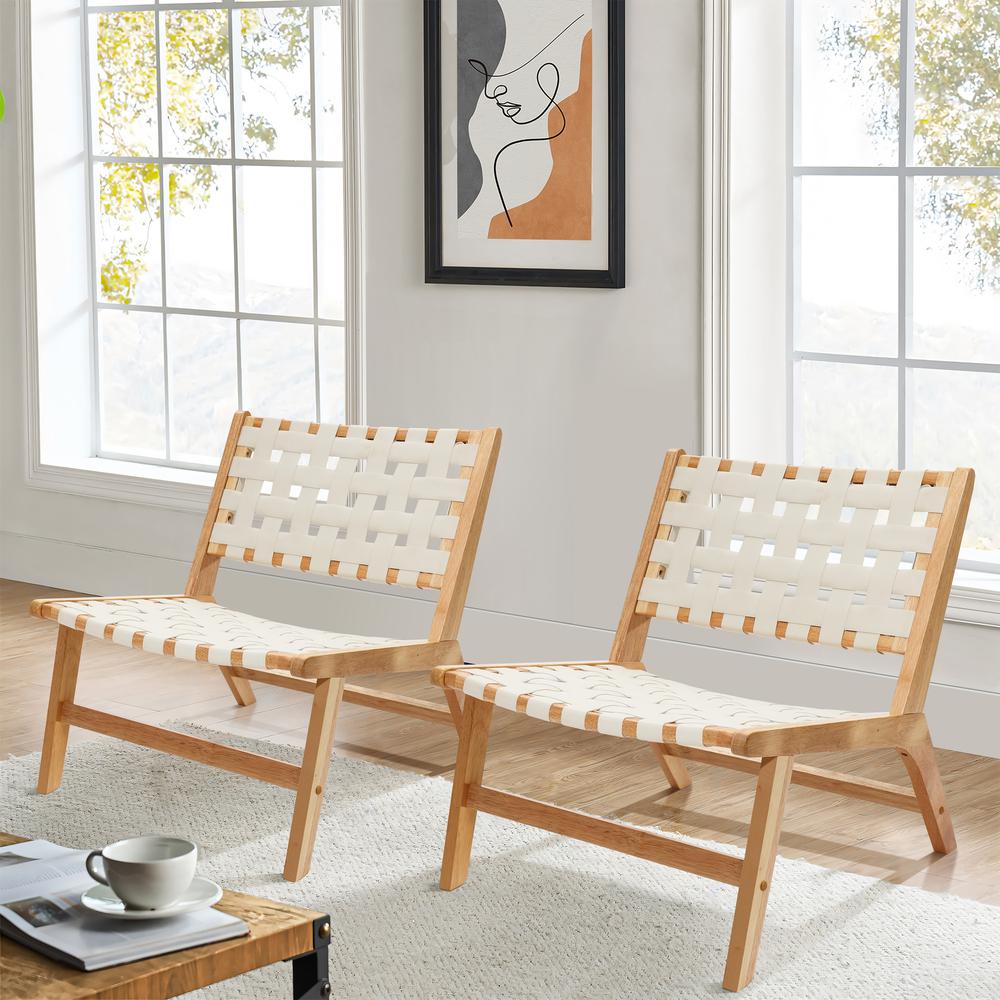 Natural Rubberwood with White Leather Low Profile Armless Accent Chair, Set of 2