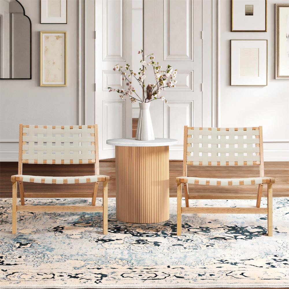Natural Rubberwood with White Leather Low Profile Armless Accent Chair, Set of 2