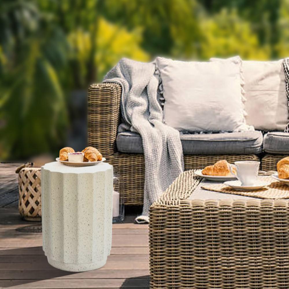 Off White with Gray Cement Fluted Round Indoor Outdoor Side and End Table
