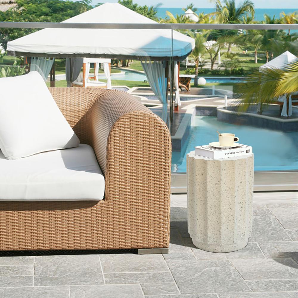 Off White with Gray Cement Fluted Round Indoor Outdoor Side and End Table