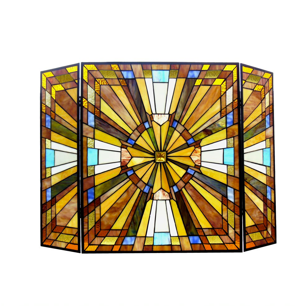FLARE Tiffany-glass Mission 3pcs Folding Fireplace Screen 38" Wide
