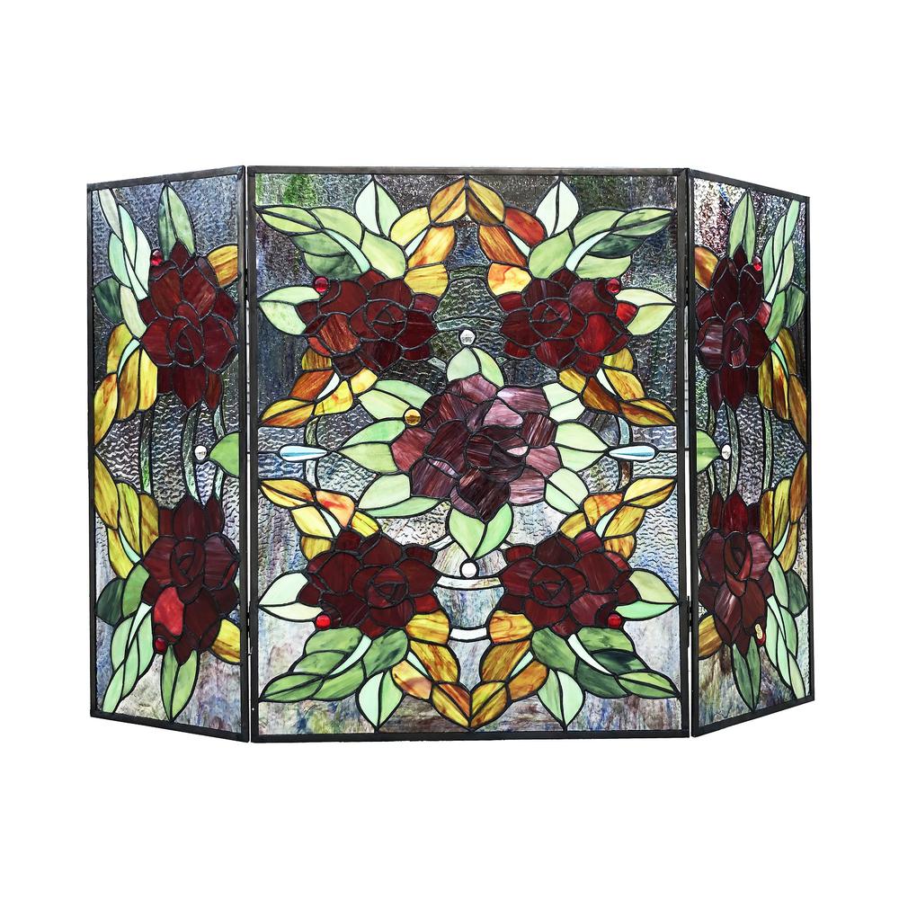 CHLOE Lighting CANNA Tiffany-Style 3pcs Folding Floral Stained Glass Fireplace Screen 40" Width