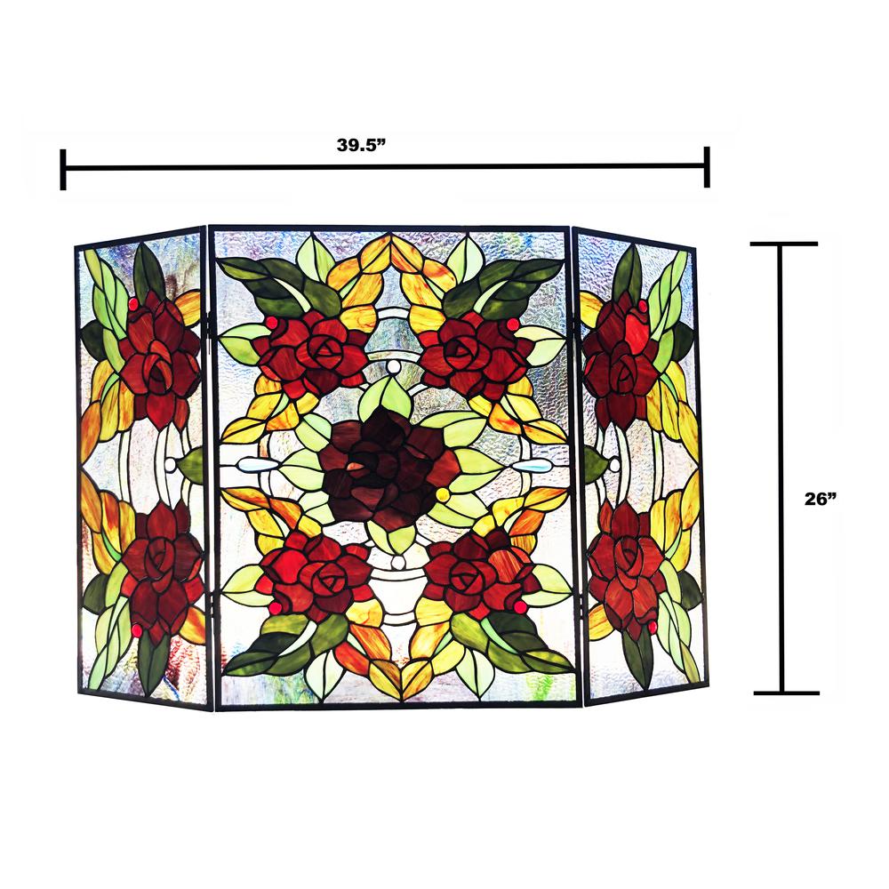 CHLOE Lighting CANNA Tiffany-Style 3pcs Folding Floral Stained Glass Fireplace Screen 40" Width