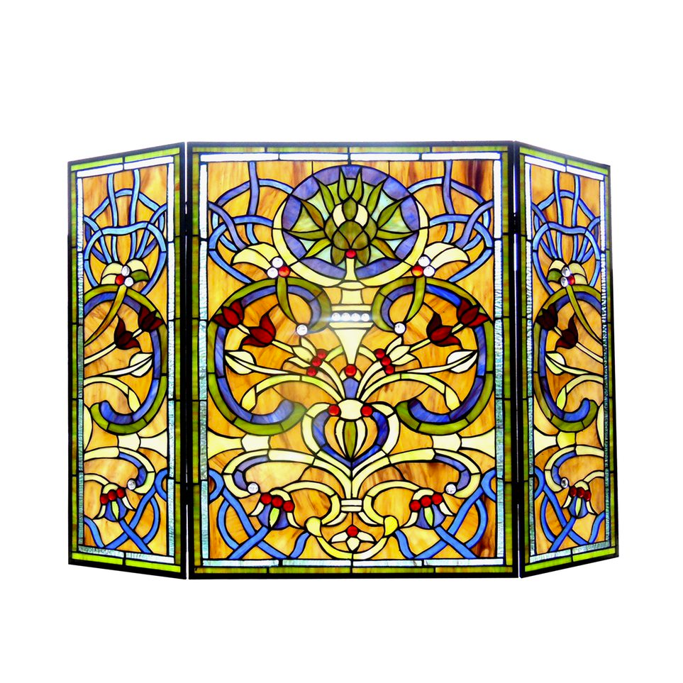 BARDOT Tiffany-glass Victorian 3pcs Folding Fireplace Screen 40" Wide