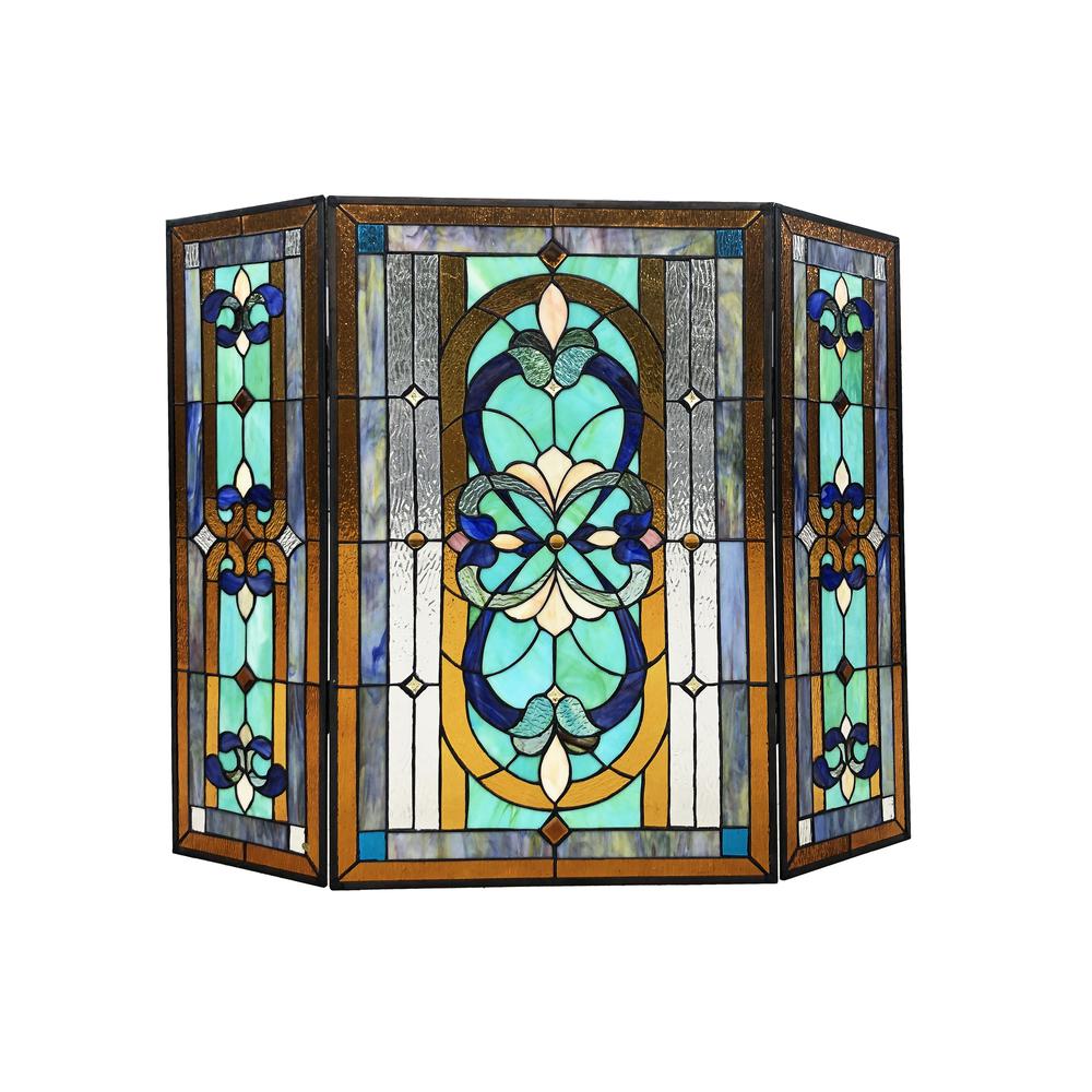 CHLOE Lighting PALACE Tiffany-Style 3pcs Folding Victorian Stained Glass Fireplace Screen 40" Width