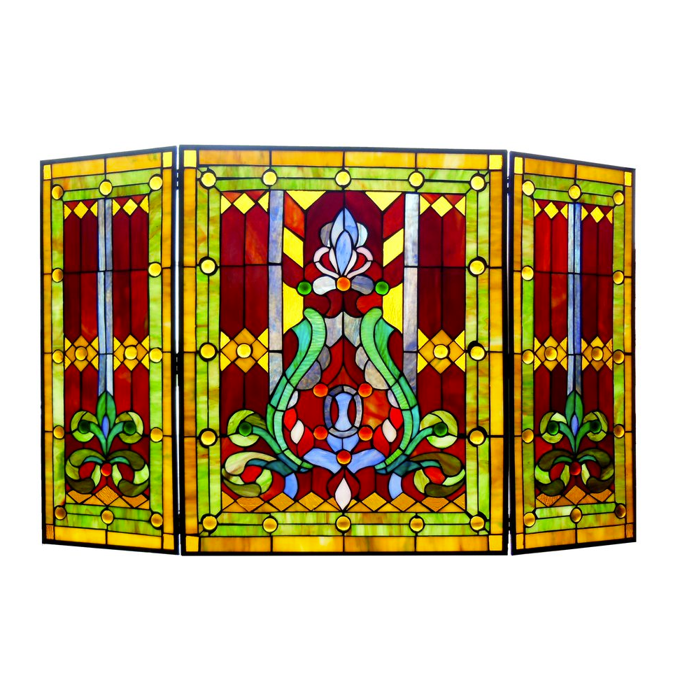 Tiffany-glass 3pcs Folding Victorian Fireplace Screen 44" Wide