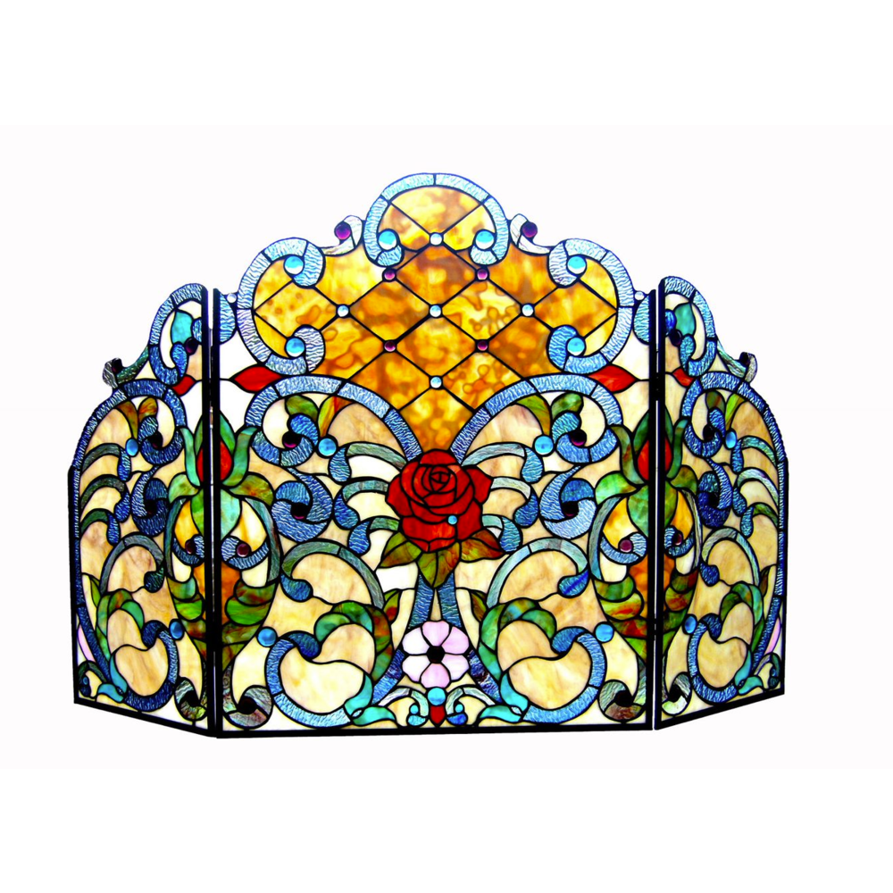Tiffany-glass 3pcs Folding Victorian Fireplace Screen 44" Wide