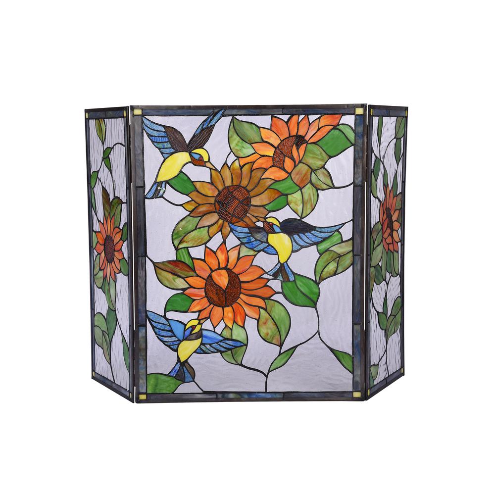 CHLOE Lighting SUNFLOWER Tiffany-style 3pcs Folding Floral Fireplace Screen 44" Wide