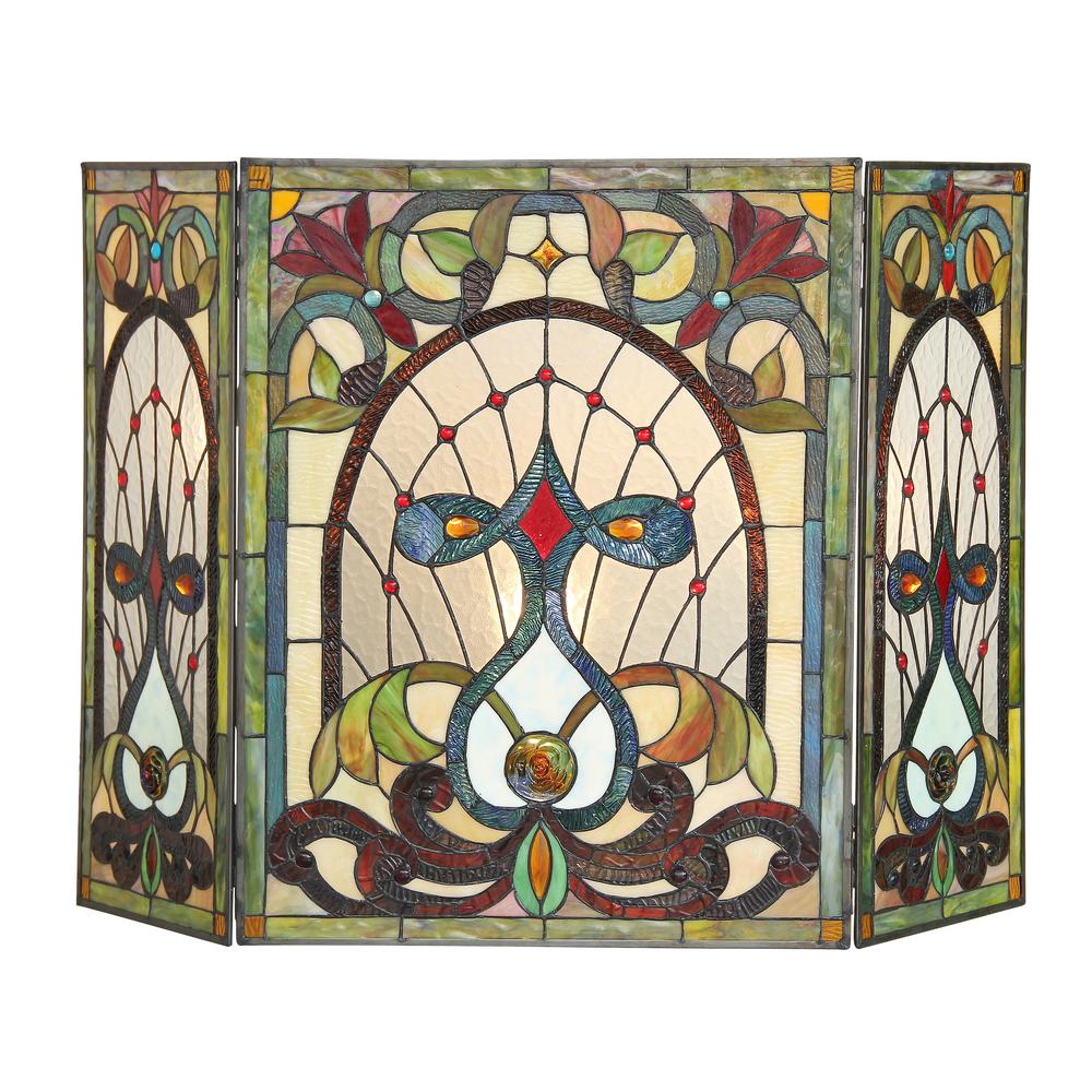 RUBY Tiffany-glass 3pcs Folding Victorian Fireplace Screen 44" Wide