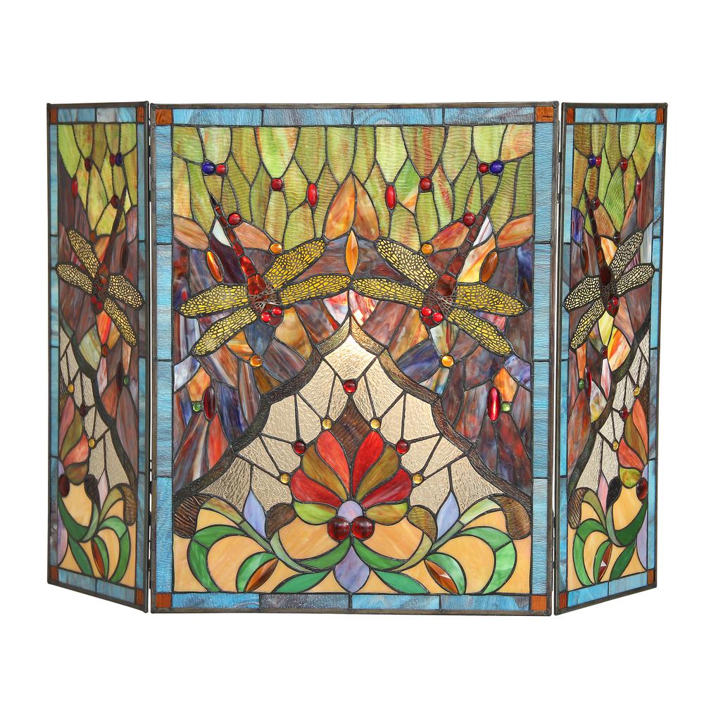 ANISOPTERA PURITY Tiffany-glass 3pcs Folding Dragonfly Fireplace Screen 44" Wide