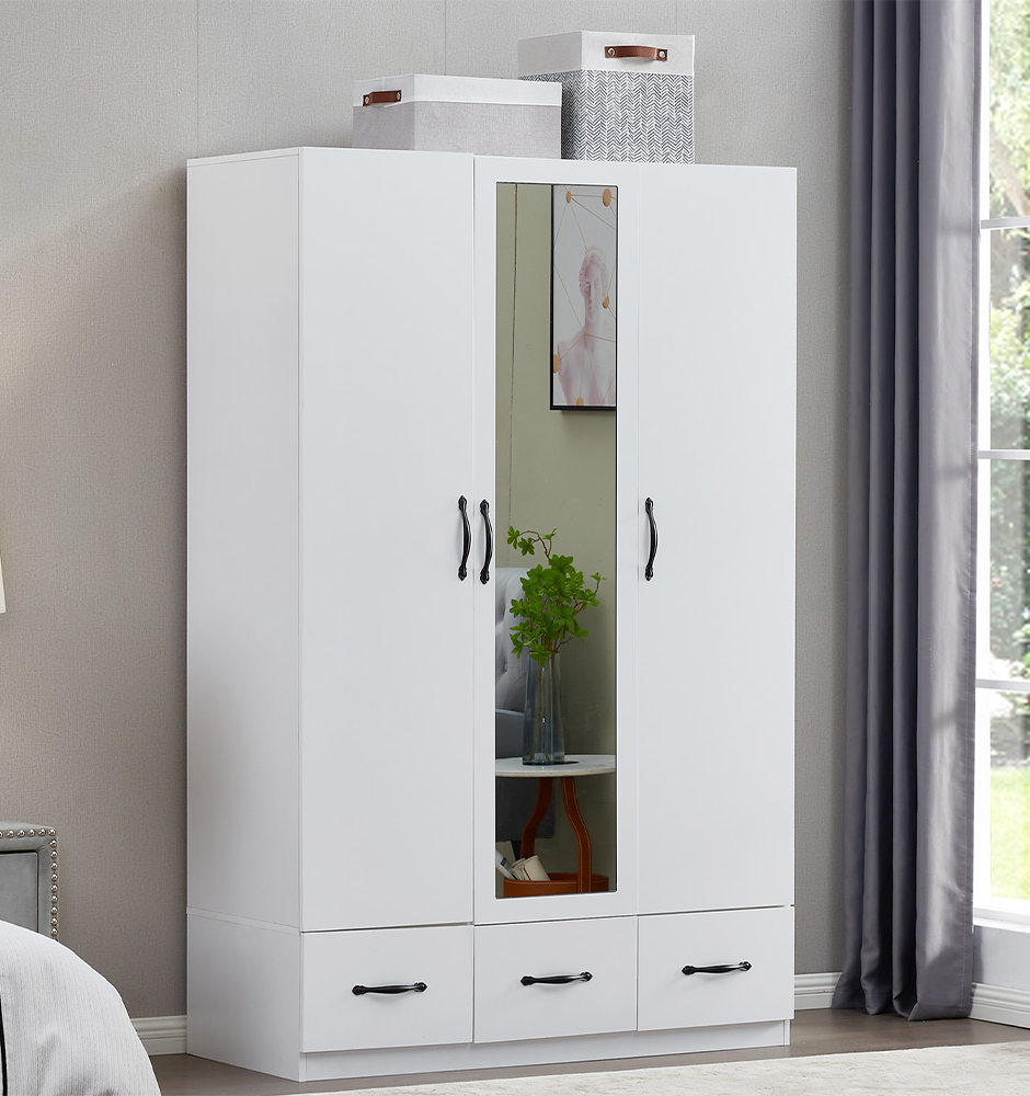 LivelyLodge 74.2 H Mirror Wardrobe Closet 3 Doors White Wooden Freestanding Wardrobe Closet Armoire Bedroom Bathroom Clothes Storage Wardrobe Cabinet with Hanging Rod Clothes Shelf Storage Organizer