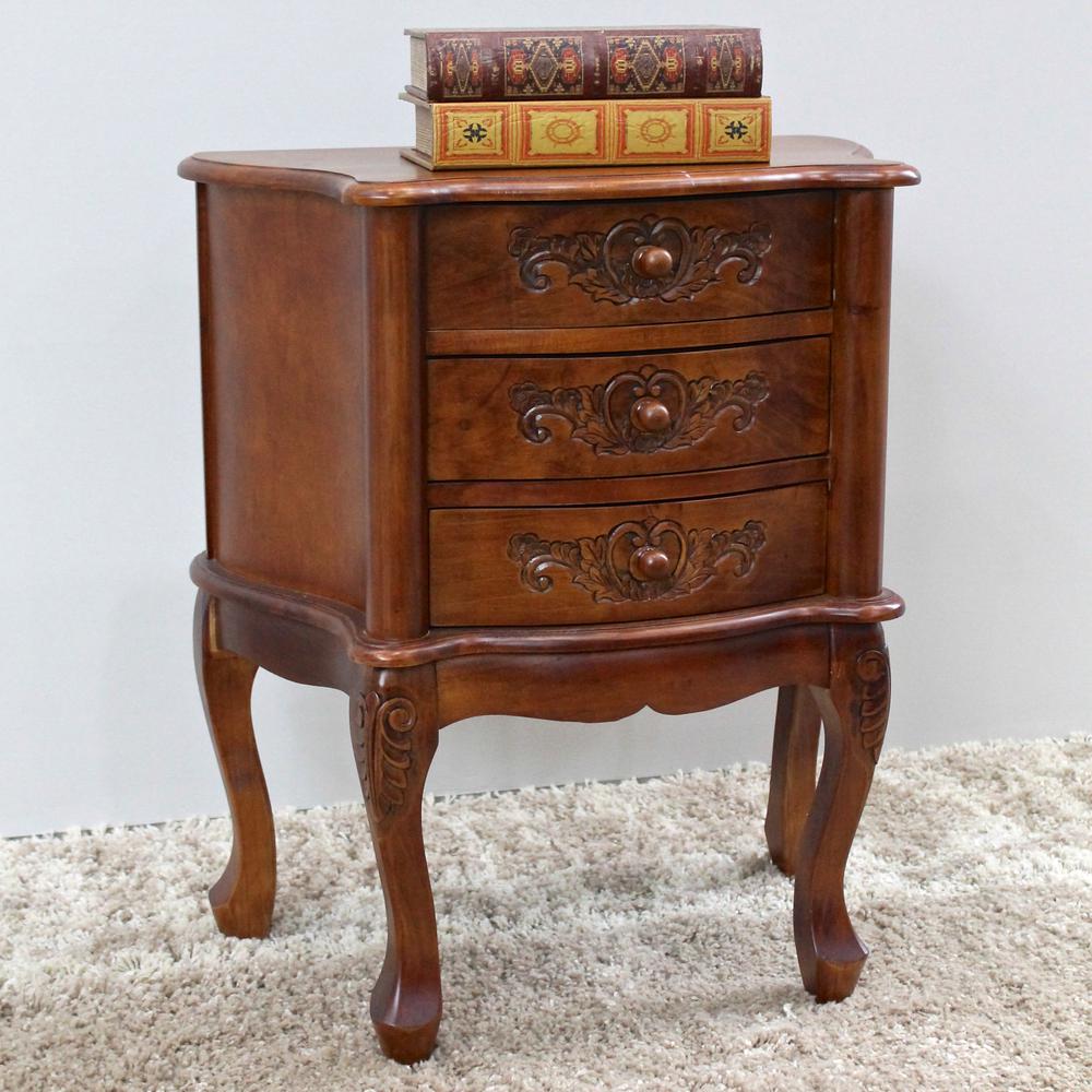 Carved Wood Three Drawer Scalloped Night Stand