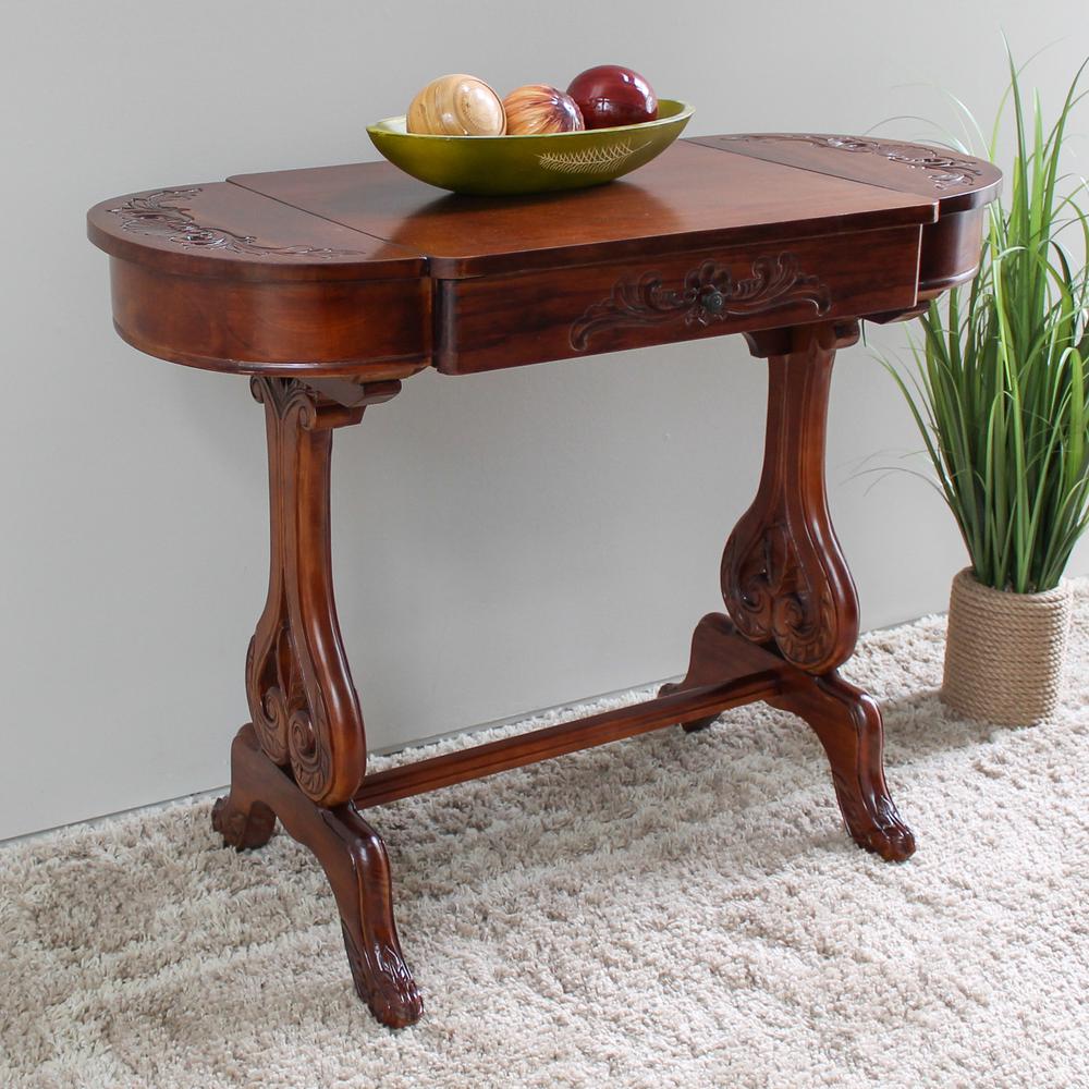 Windsor Carved Wood Writing Table with Flip-up Drawers
