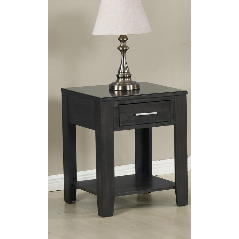 Bruno Ash Gray Wooden End Table with Tempered Glass Top and Drawer