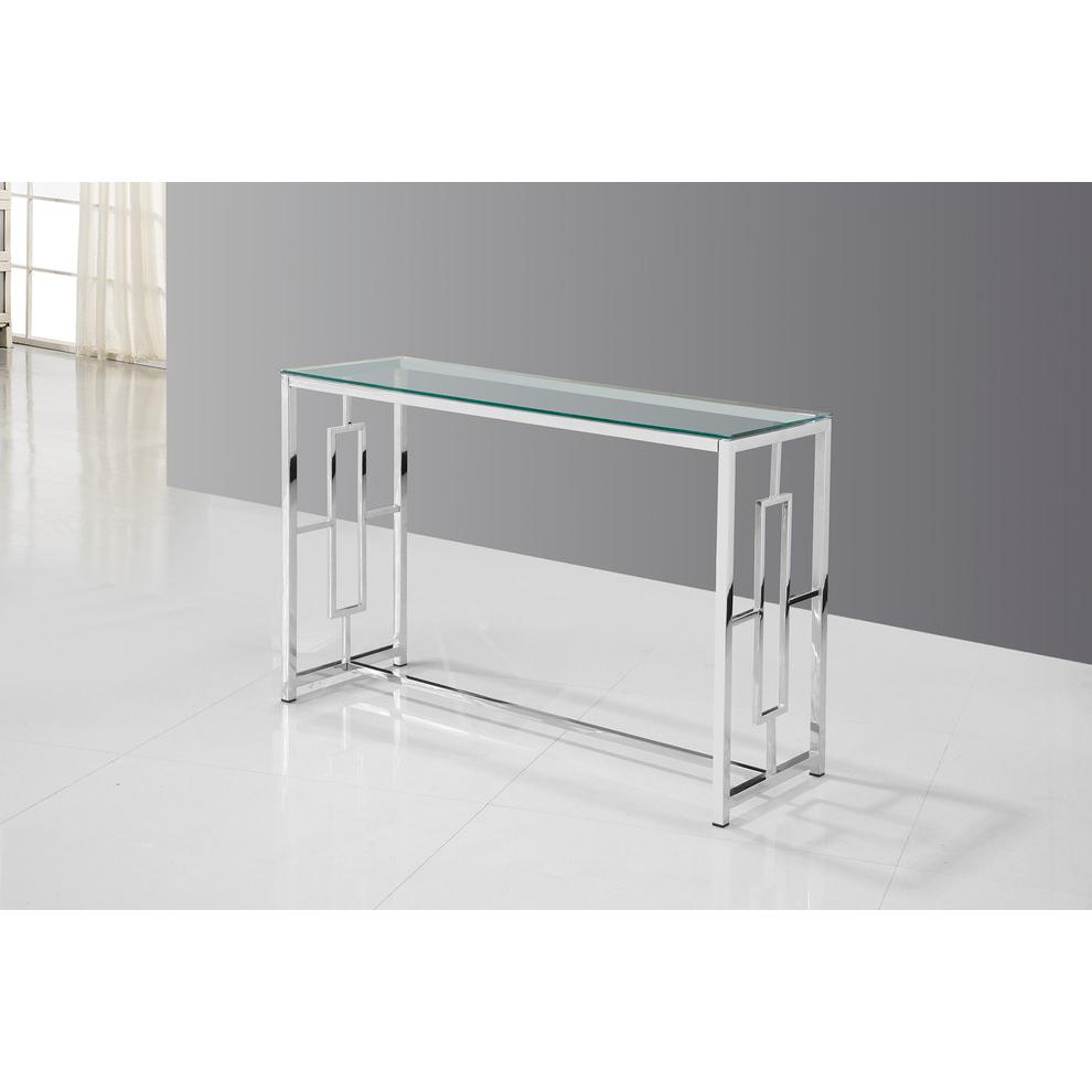 Best Master Stainless Steel and Glass Console Table in Silver Base/Clear