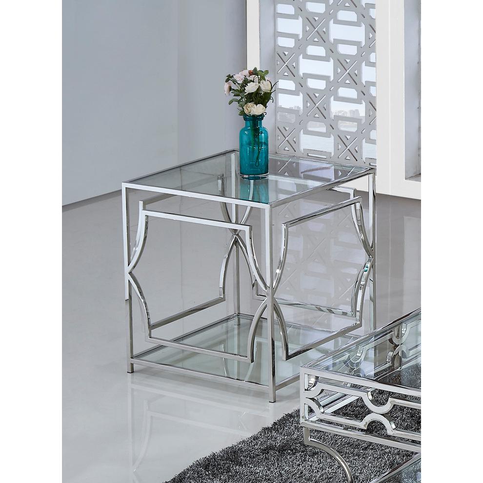 Best Master Furniture Abigail Glass and Stainless Steel Base End Table in Silver