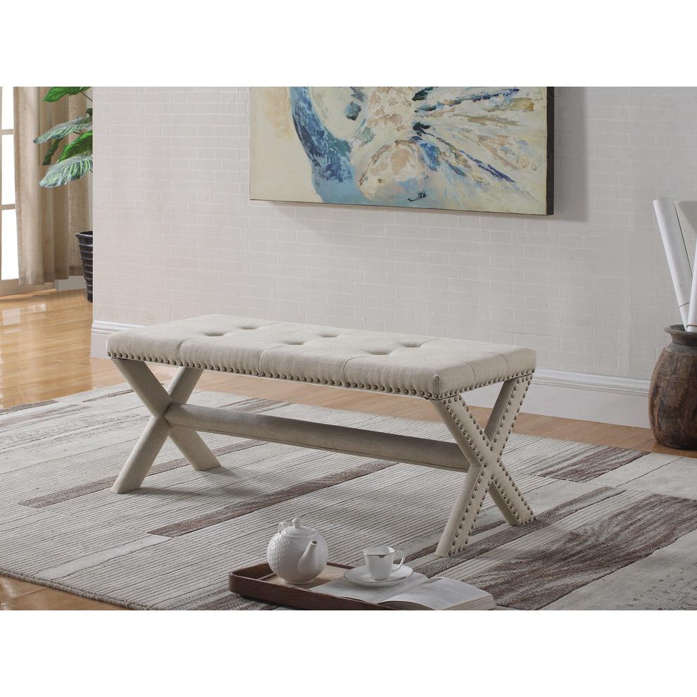 Best Master Fabric Upholstered Rectangular Accent Bench in Natural/Nail Heads