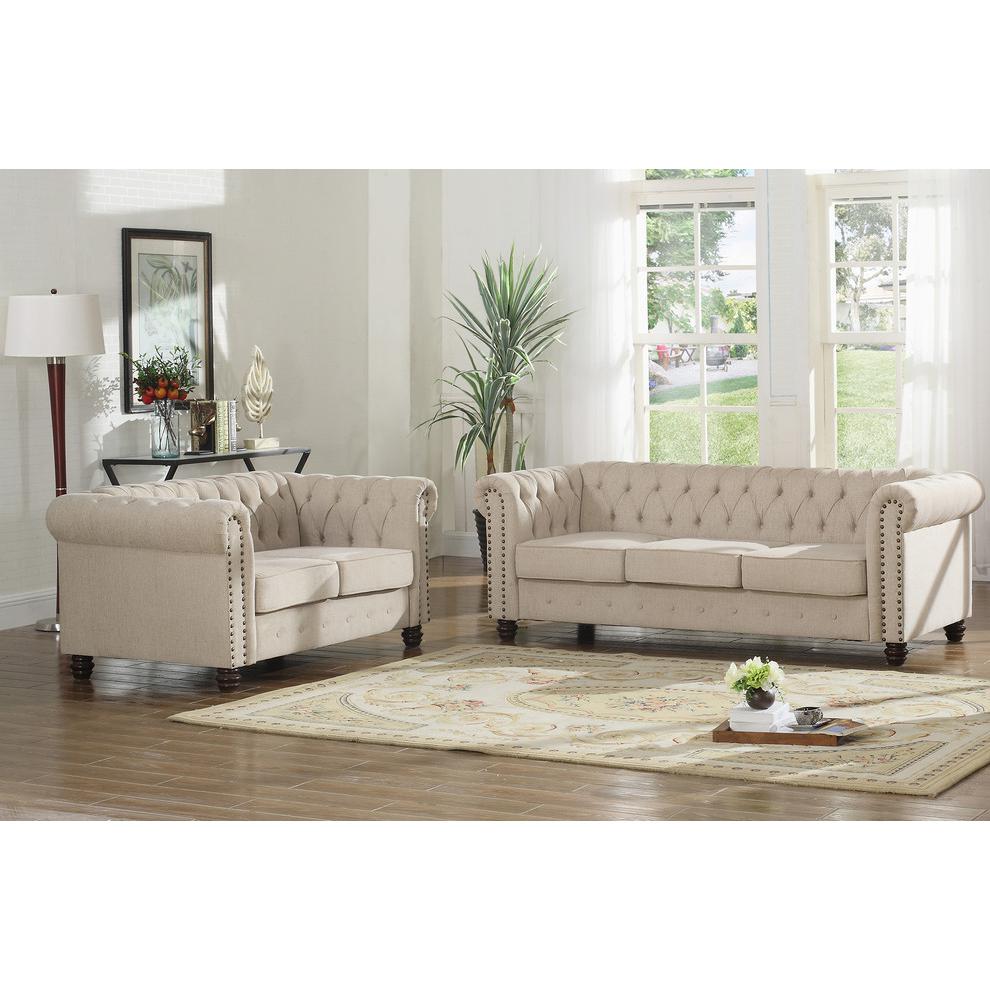 Best Master Venice 2-Pc Fabric Upholstered Sofa & Loveseat Set in Beige
