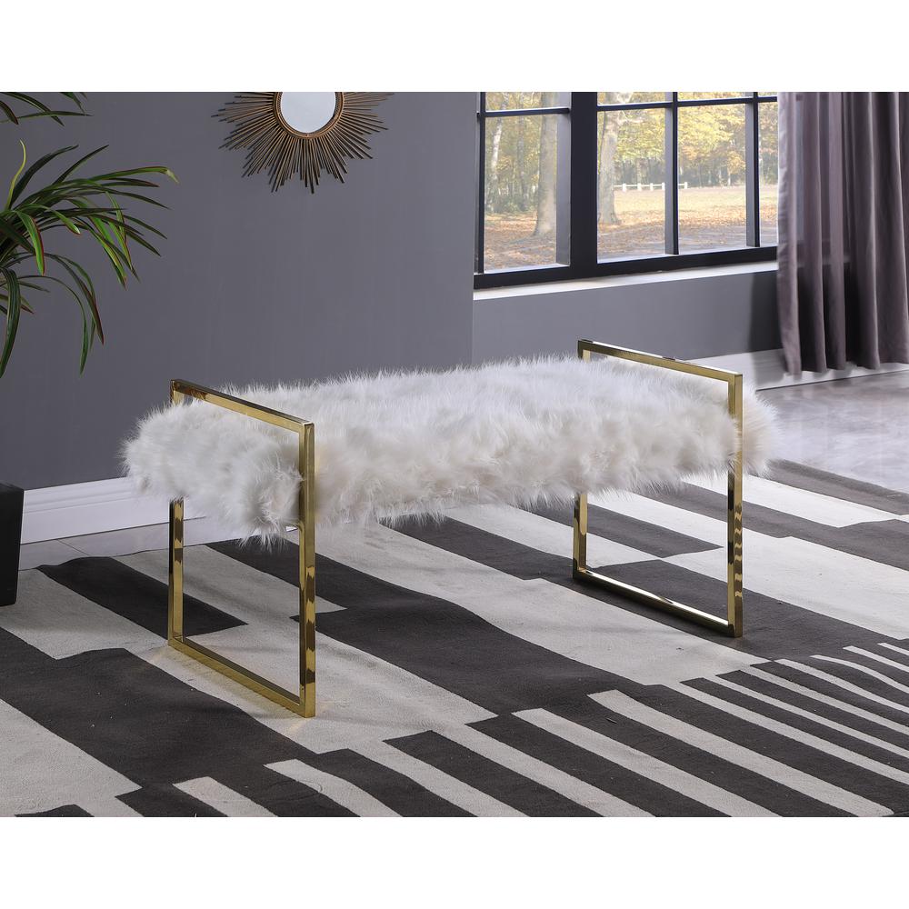 Jamie White Faux Fur Accent Bench with Gold Frame