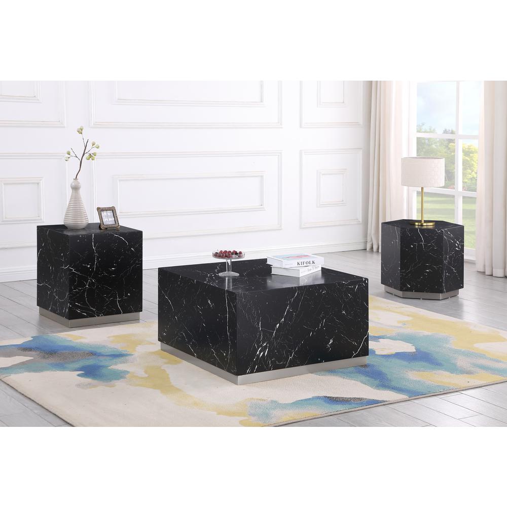 Zhuri Hexagon Faux Marble Black End Table in Silver
