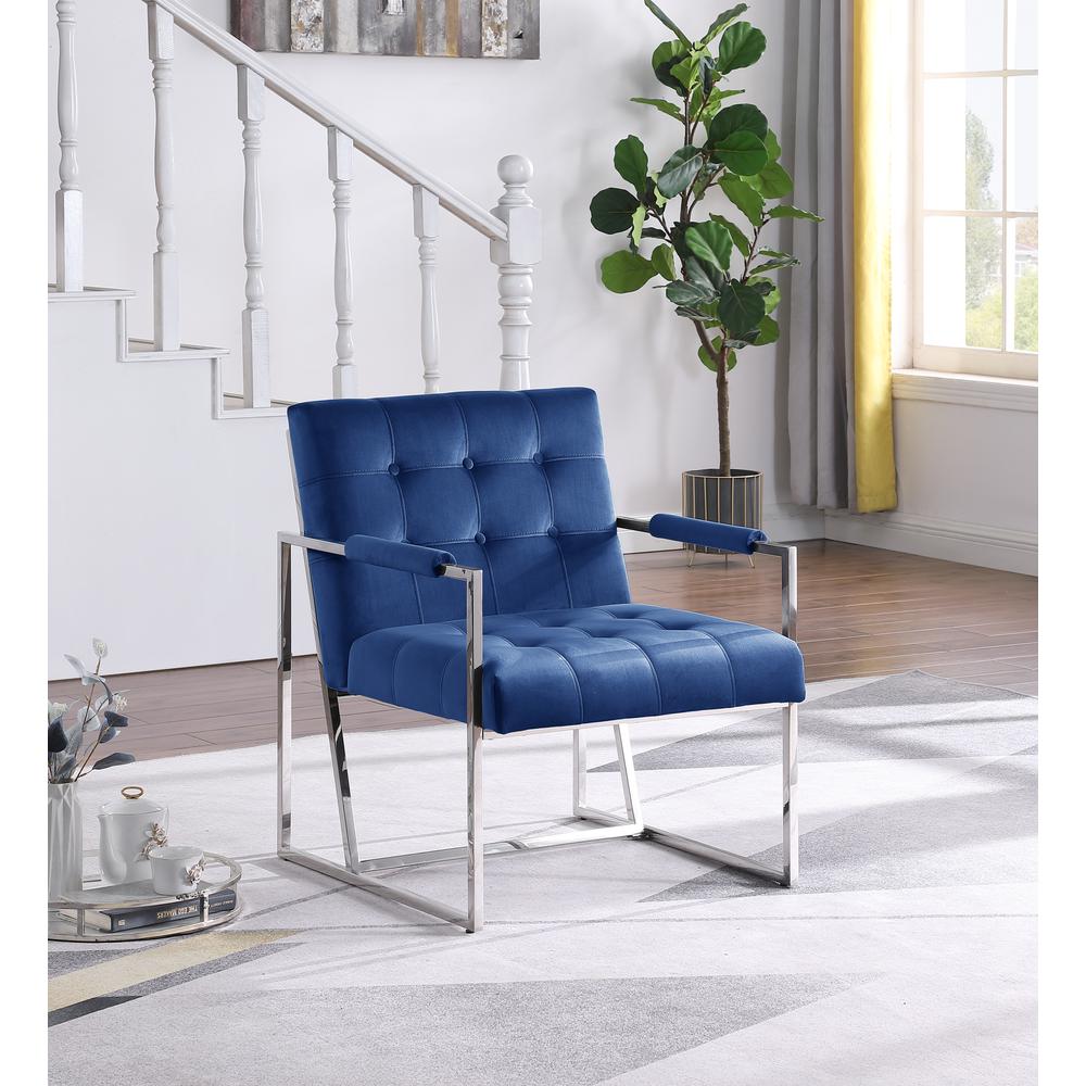 Luxor Blue Velvet Modern Accent Chair in Silver