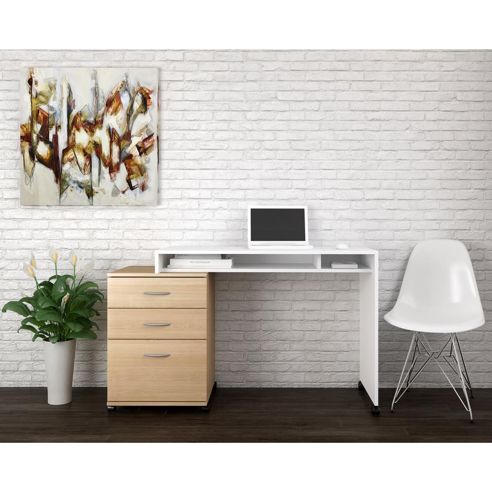 2-Piece Home Office With Desk & 2-Drawer Filling Cabinet, White & Natural Maple