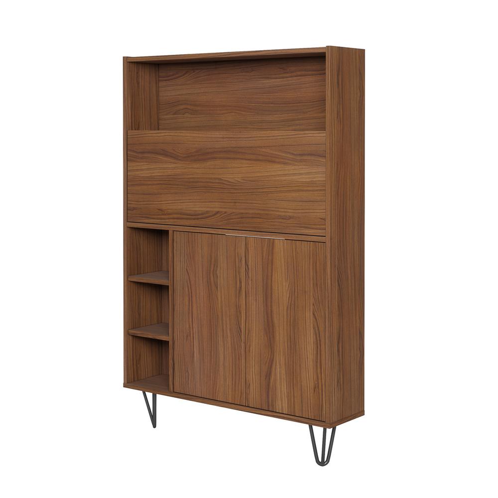Slim Bar Cabinet , Secretary Bookcase Desk With Storage, Walnut