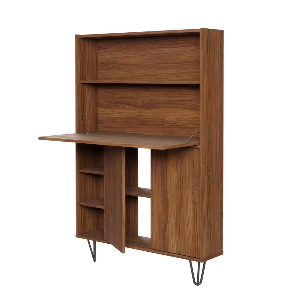 Slim Bar Cabinet , Secretary Bookcase Desk With Storage, Walnut