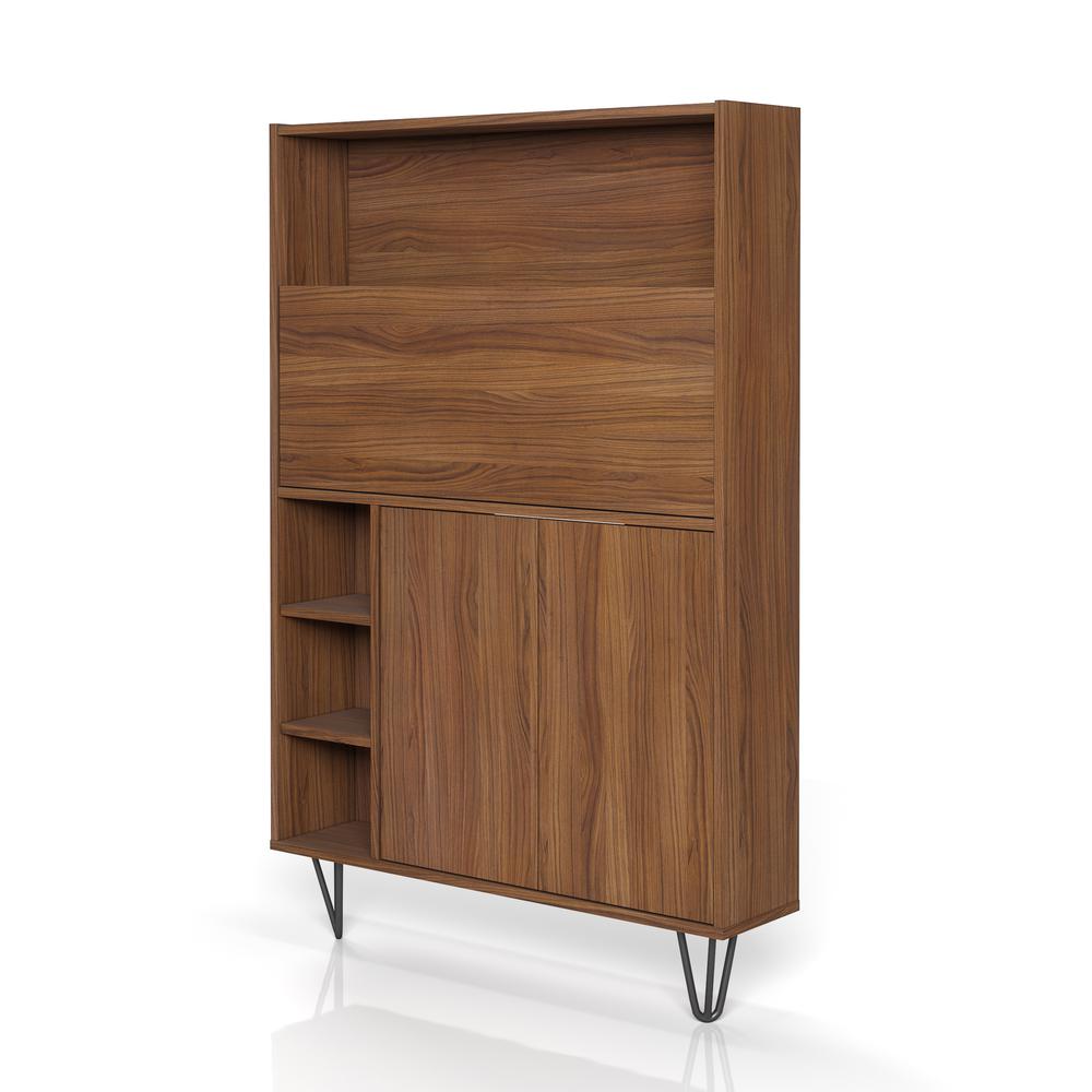 Slim Bar Cabinet , Secretary Bookcase Desk With Storage, Walnut