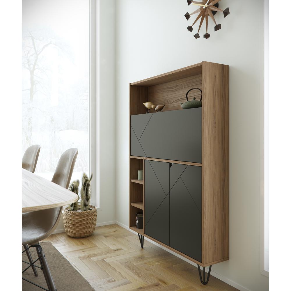 Slim Bar Cabinet , Secretary Bookcase Desk With Storage, Nutmeg & Charcoal Grey