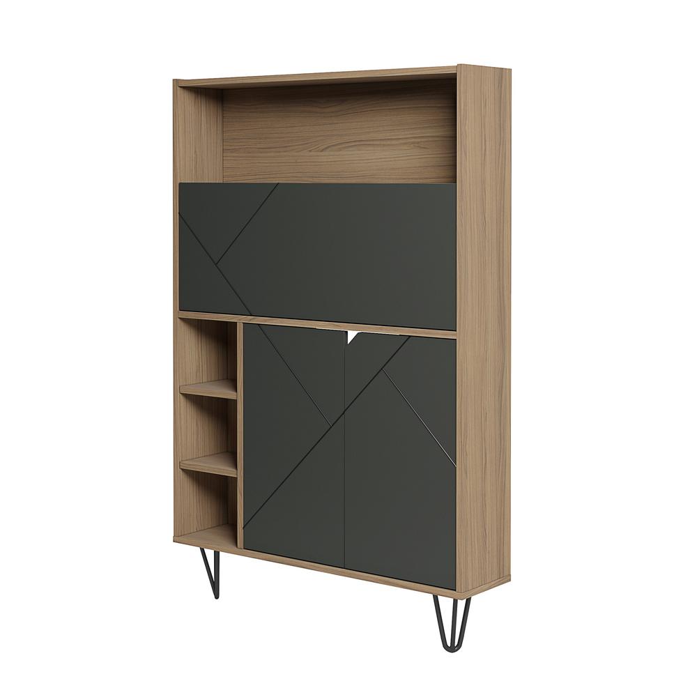 Slim Bar Cabinet , Secretary Bookcase Desk With Storage, Nutmeg & Charcoal Grey