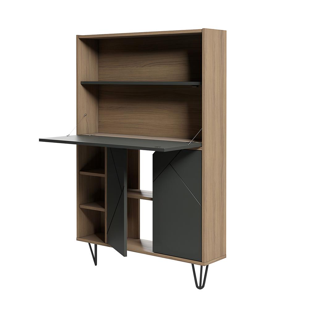 Slim Bar Cabinet , Secretary Bookcase Desk With Storage, Nutmeg & Charcoal Grey