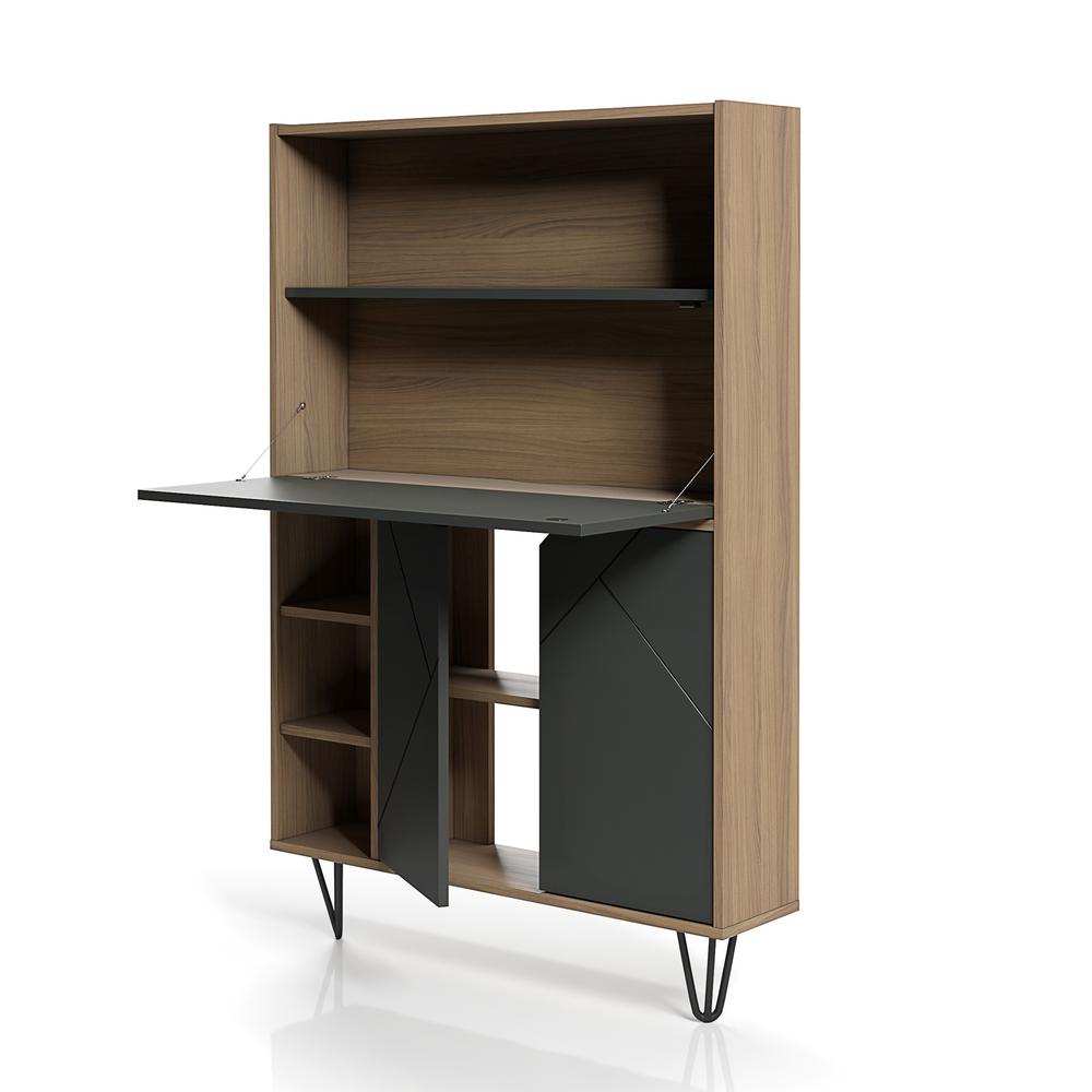 Slim Bar Cabinet , Secretary Bookcase Desk With Storage, Nutmeg & Charcoal Grey