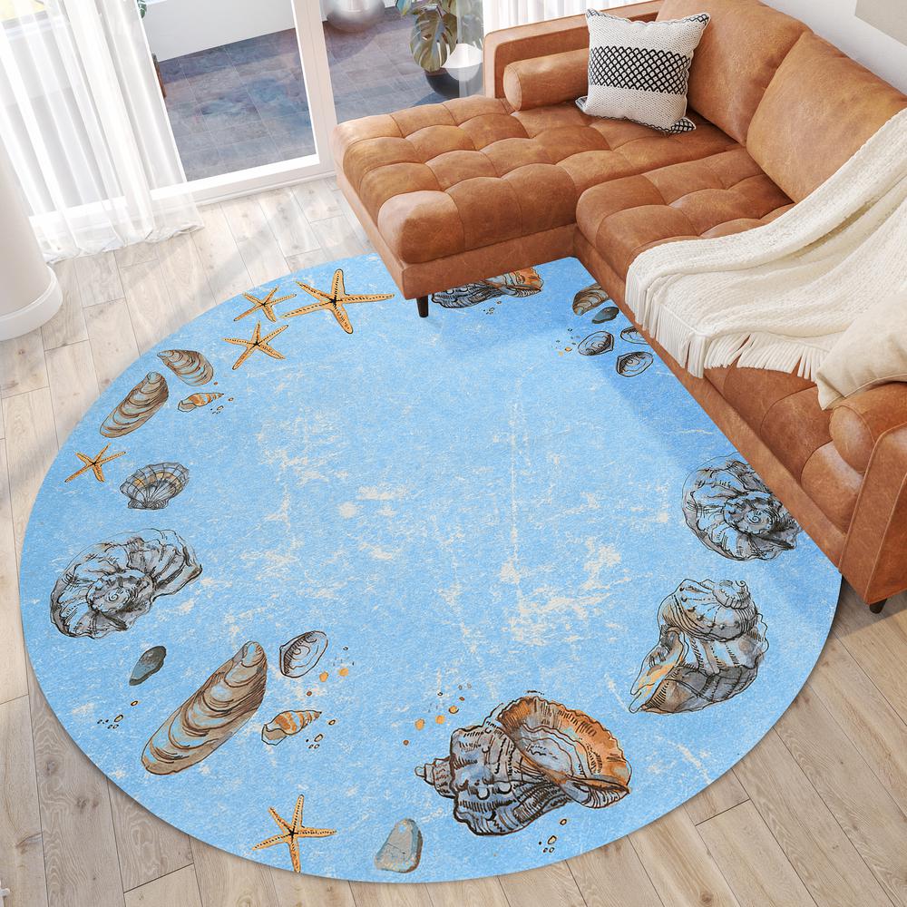 Indoor/Outdoor Surfside ASR39 Blue Washable 8' x 8' Round Rug